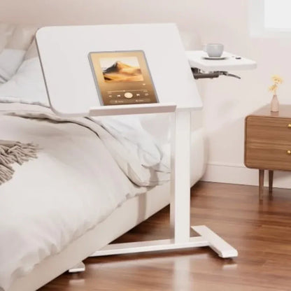Pneumatic Overbed Bedside Table, Height Adjustable Aluminum Alloy Rolling Table with Casters, White, for Hospital & Home Use