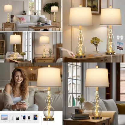 27.5-Inch Glass Table Lamps Set of 2 with Night Light, USB Charging Ports and AC Outlet, Modern Bedside Lamps