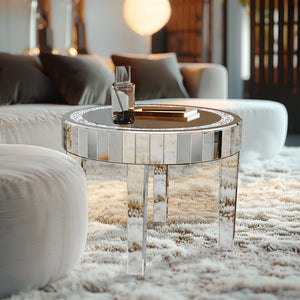 Round Mirrored Side Table with Crystal Diamond Inlay, Luxury Accent Table for Living Room & Bedroom