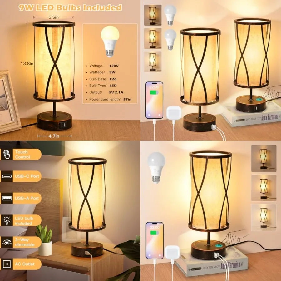 Distressed Table Lamps with LED Bulbs, 3-Way Dimmable Touch Control, USB-A and USB-C Ports, Bedside and Living Room Lighting
