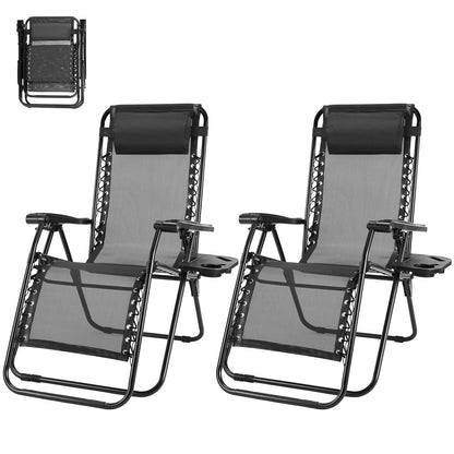 Set of 2 Outdoor Zero Gravity Reclining Chairs – Folding Patio & Camping Lounge Chairs with Cup Holders & Adjustable Pillows