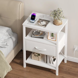 Nightstand with Fabric Drawer, LED Light Strip & Charging Station – Bedside End Table with Storage Cabinet