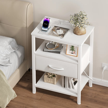 Nightstand with Fabric Drawer, LED Light Strip & Charging Station – Bedside End Table with Storage Cabinet