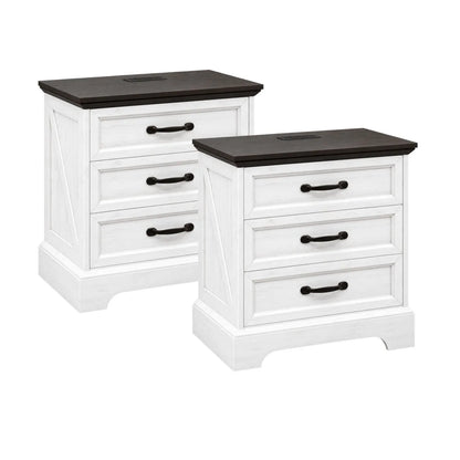 Farmhouse Nightstand with Charging Station, 3-Drawer Bedside Table with 2 AC Outlets & 2 USB Ports, White Storage Cabinet