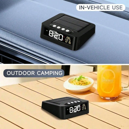 Solar Powered Car Digital Clock with Anti-Drowsiness Driving Reminder, Thermometer, LED Night Light, 6 Alarm Modes & USB Charging