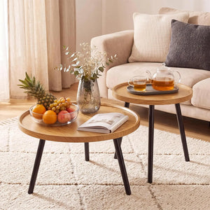 Round Nesting Coffee Table Set of 2, Wood & Metal Accent Side Tables for Living Room