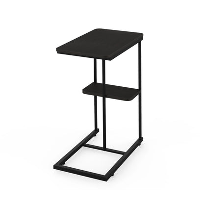 C-Shaped Side Table with Storage Shelf, Wood Grain Sofa Snack Table & Laptop Stand for Small Spaces