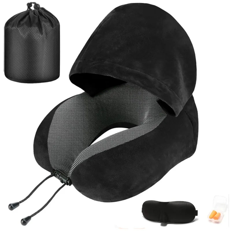 Memory Foam Travel Neck Pillow with Hood, 360° Head Support for Airplane & Long Flights, Eye Mask, Earplugs & Storage Bag