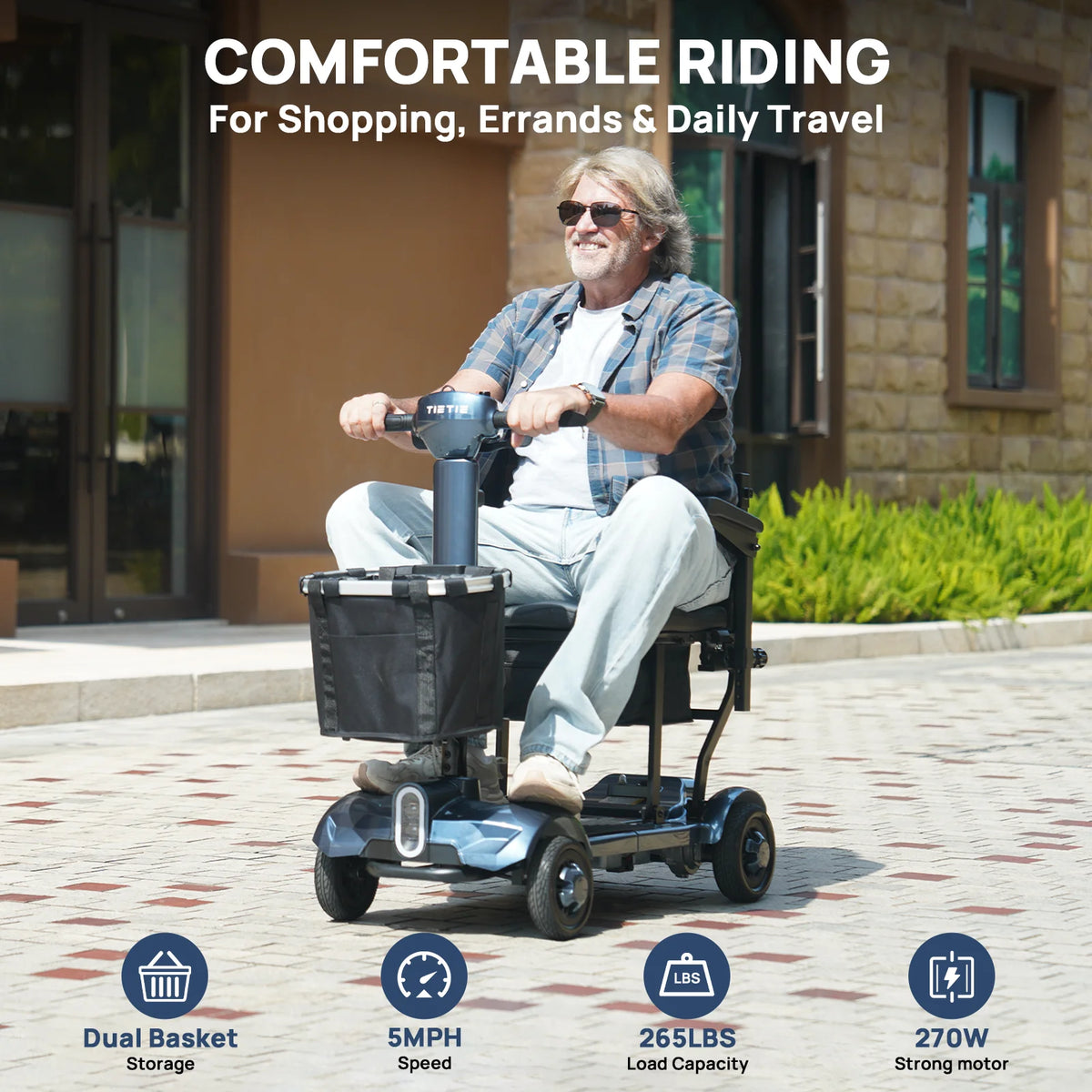 4-Wheel All-Terrain Mobility Scooter – Foldable Electric Scooter with LED Headlight, Dual Baskets & 265 lbs Capacity
