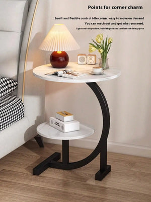 Round C-Shaped Side Table with Faux Marble Top, 2-Tier Metal Frame End Table for Living Room & Bedroom