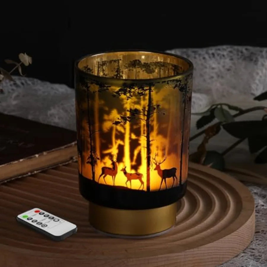 Deer Design Cordless Glass Table Lamp with Remote Control, Battery Operated Lighting for Bedroom, Living Room and Entryway