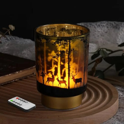 Deer Design Cordless Glass Table Lamp with Remote Control, Battery Operated Lighting for Bedroom, Living Room and Entryway