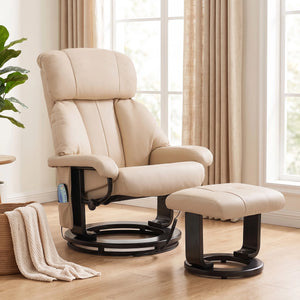 360° Swivel Massage Recliner Chair with Ottoman – 10-Point Vibration PU Leather Lounge Chair with Footstool & Remote, Beige