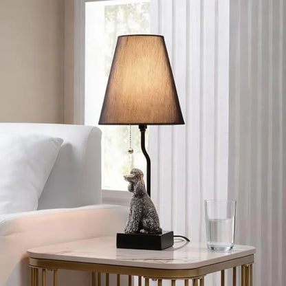 Poodle Table Lamp with USB-C and USB-A Charging Ports, Black Fabric Shade and Dog Figurine Base, Bedside Nightstand Light