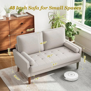 48-Inch Mid-Century Modern Loveseat Sofa – Compact Upholstered Couch with Solid Wood Legs & Throw Pillow for Apartment, Ash Beige
