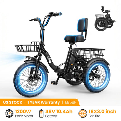 1200W Folding Electric Tricycle for Adults, 48V 10.4Ah Removable Battery, 18" Fat Tire, 18 MPH, Up to 50 Miles