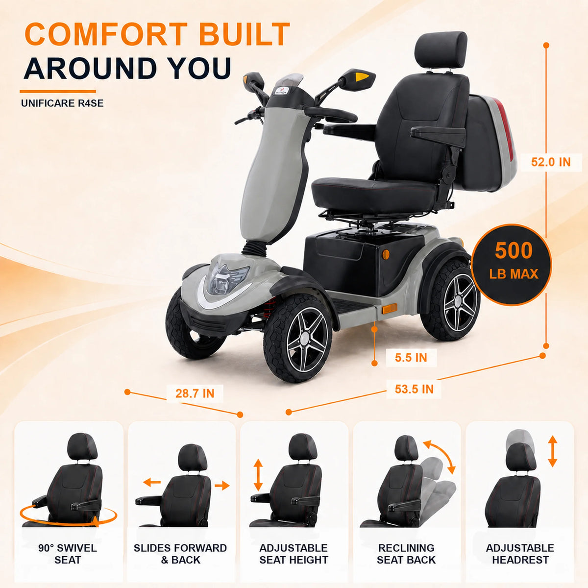 4-Wheel Heavy Duty Mobility Scooter for Adults, Full Suspension, Keyless Start, Bluetooth Audio, Removable Storage Box
