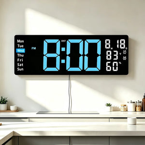 LED Digital Alarm Clock with Bottom Glow Light, Date, Day & Temperature Display, Dual Alarms, DST, 3-Level Brightness – Blue