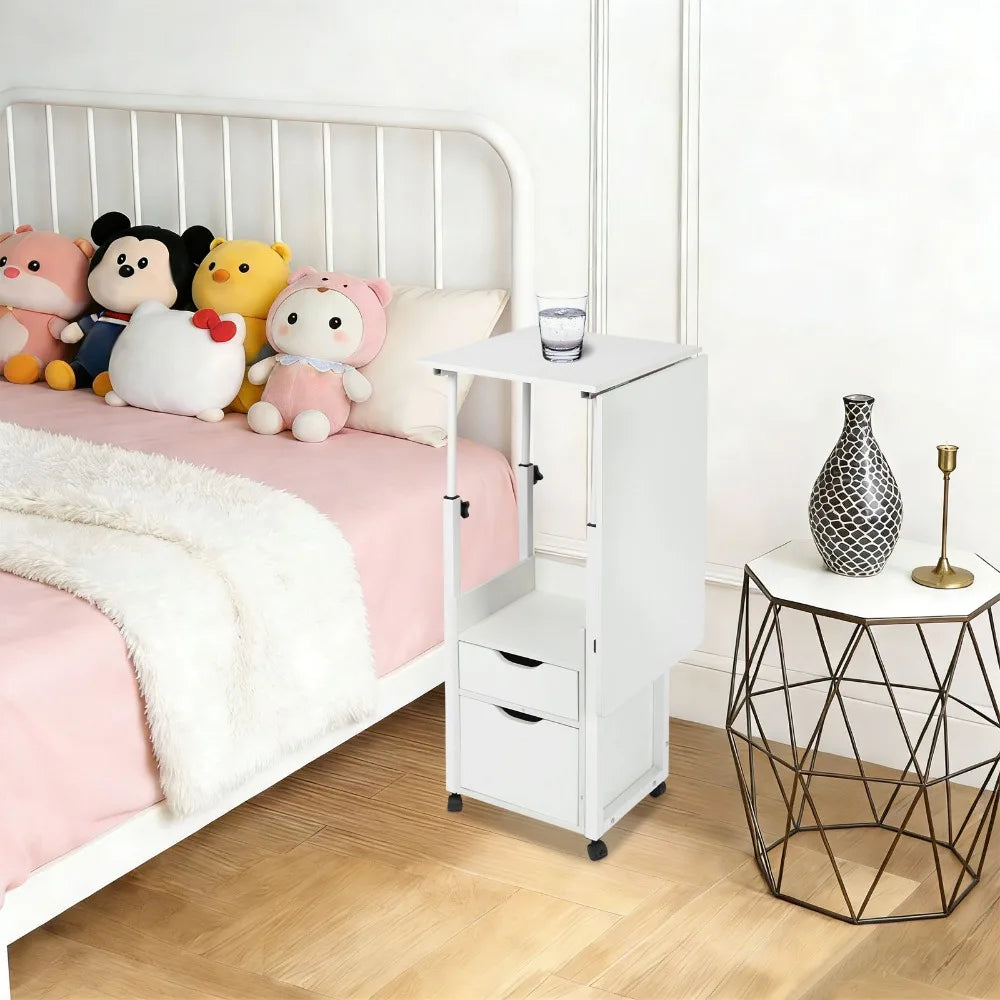 Height Adjustable Overbed Table with Storage Cabinet, 27.56–34.65 Inch Bedside Table with White Anti-Rust Metal Frame