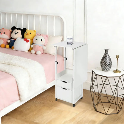 Height Adjustable Overbed Table with Storage Cabinet, 27.56–34.65 Inch Bedside Table with White Anti-Rust Metal Frame
