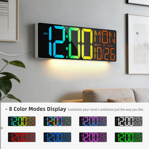 18-Inch RGB LED Digital Wall Clock with Remote Control, Temperature & Date Display, Timer, Auto DST, Dimmable Brightness