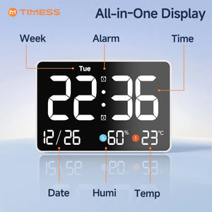 11-Inch LED Digital Alarm Clock with Large Display, Date, Day, Temperature & Humidity, Dual Alarms, Wall & Tabletop