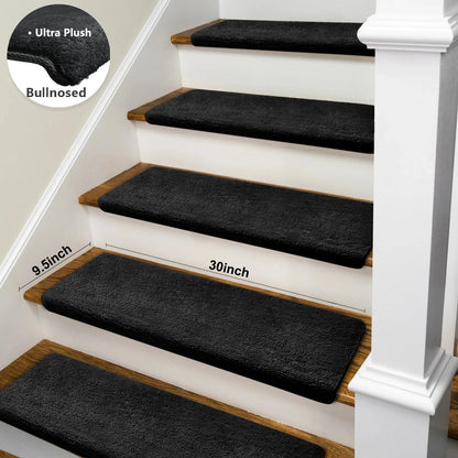 Non-Slip Bullnose Stair Treads, Ultra-Plush Washable Self-Adhesive Carpet Mats for Indoor Steps & Senior Home Safety