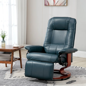 Swivel Recliner Chair with Retractable Footrest – Air Leather Armchair with Adjustable High Back & Wood Base, Blue