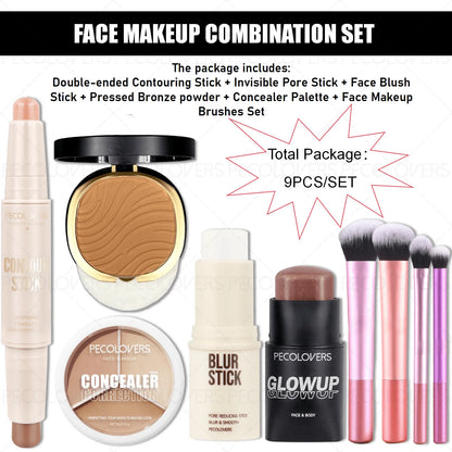 9-Piece Face Makeup Set with Blush and Contour Sticks, Bronzer, Concealer Palette and Makeup Brushes