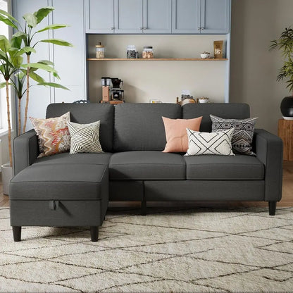 3-Seat L-Shaped Sectional Sofa with Storage Ottoman – Convertible Linen Upholstered Couch for Living Room, Dark Grey