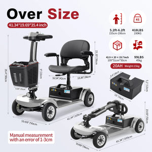 4-Wheel Foldable Electric Mobility Scooter for Adults, 12Ah Battery, Carbon Steel Frame, Electromagnetic Brake, Silver