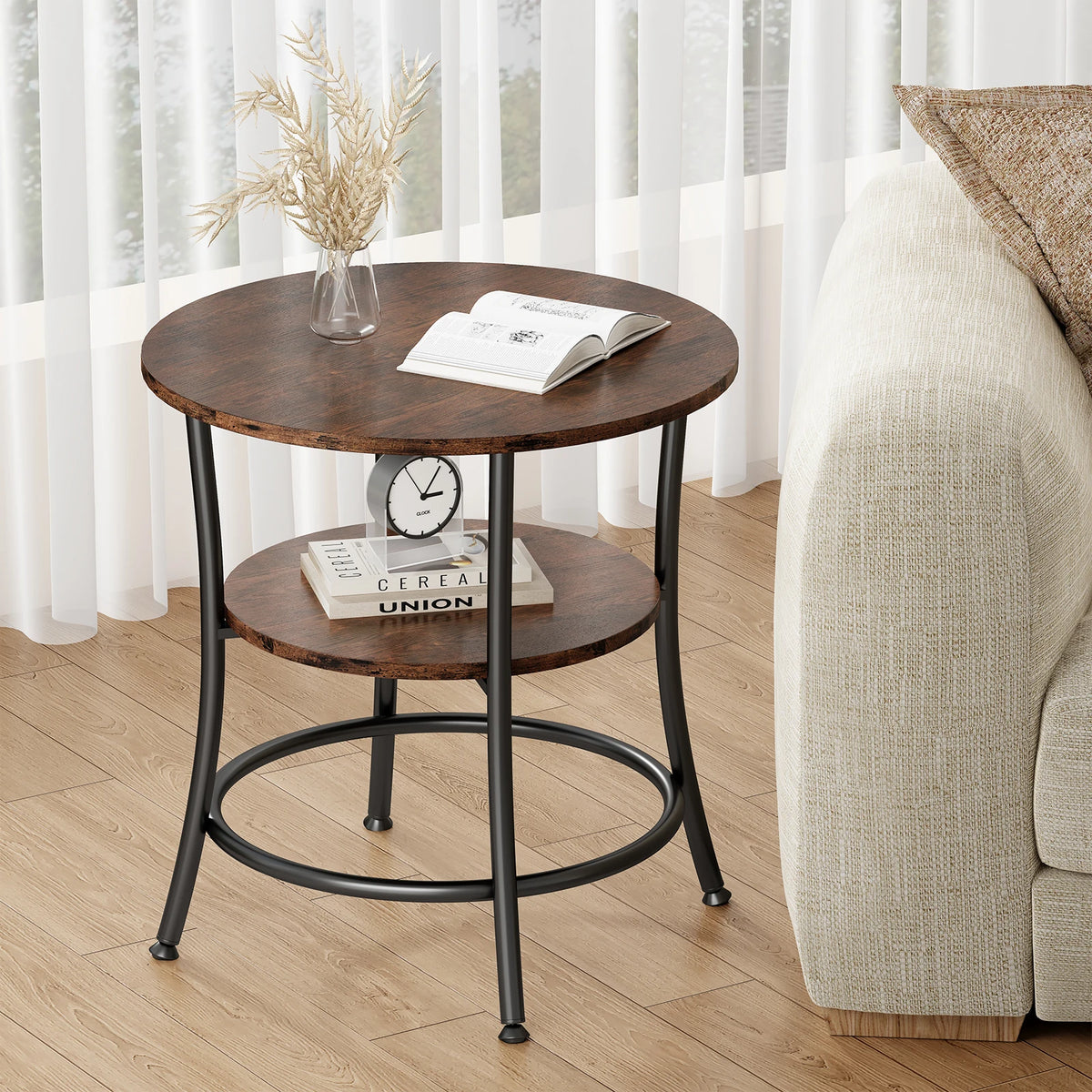 21.85" Round 2-Tier Side Table with Storage Shelf & Metal Frame for Living Room and Bedroom