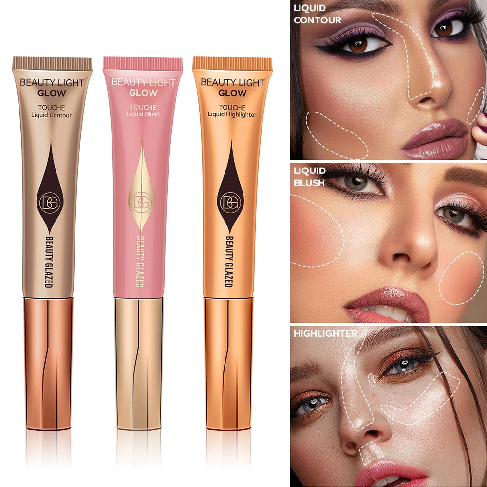 3-Piece Liquid Contour, Blush and Highlighter Set, Soft Matte and Dewy Finish Face Makeup