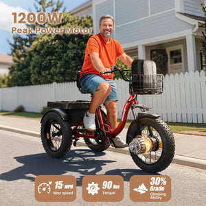 Lava 1200W Peak Electric Tricycle for Adults – 36V 20Ah Removable Battery, 20" Fat Tires, 75-Mile Range & 500 lb Capacity