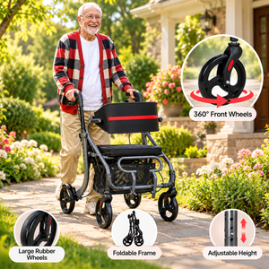 All-Terrain Rollator Walker with Seat for Seniors & Adults, Large Rubber Wheels, Lightweight Foldable Frame, Adjustable Height