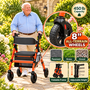 Heavy-Duty Foldable Rollator Walker with Seat – 450 lbs Capacity, 8" All-Terrain Wheels, Adjustable Height