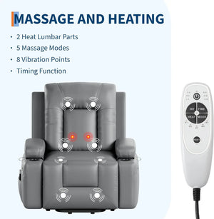 Heavy-Duty Power Lift Recliner Chair with Heat & Massage, PU Leather Electric Stand Assist Chair with Adjustable Backrest & Footrest – Gray