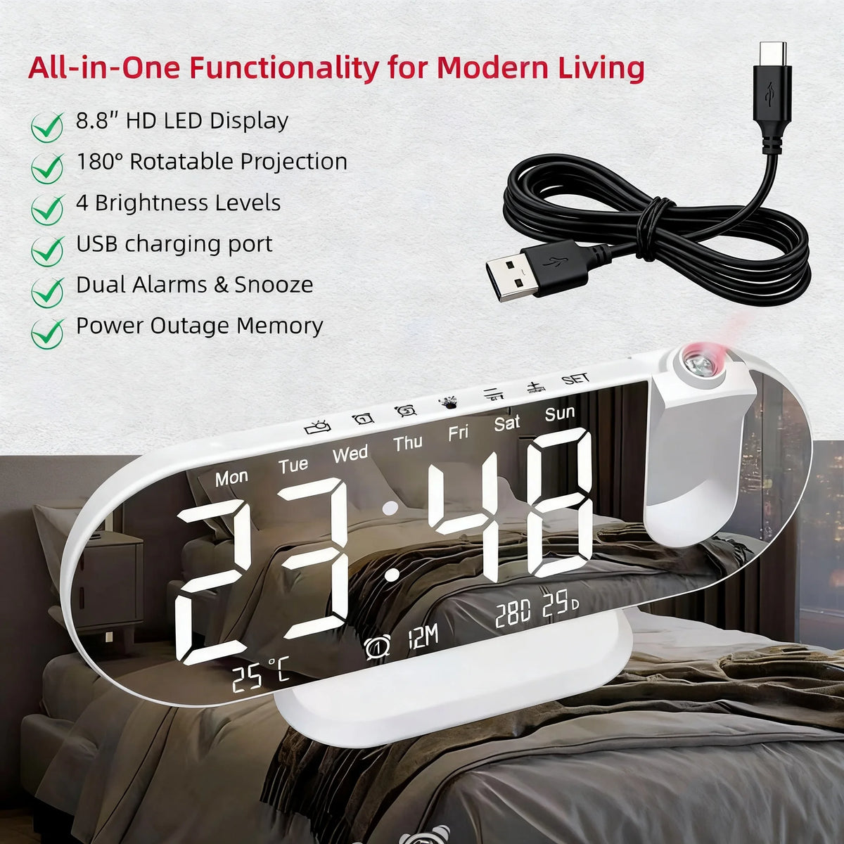 8.8-Inch LED Projection Alarm Clock with 180° Ceiling Projector, Dual Alarms, USB Charging, Temperature & Adjustable Brightness