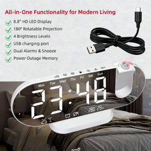 8.8-Inch LED Projection Alarm Clock with 180° Ceiling Projector, Dual Alarms, USB Charging, Temperature & Adjustable Brightness
