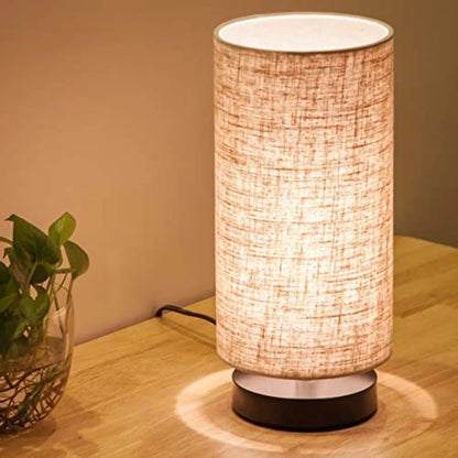 Bedside Table Lamp with Wood Base and Cylindrical Fabric Shade