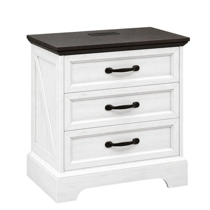 Farmhouse Nightstand with Charging Station, 3-Drawer Bedside Table with 2 AC Outlets & 2 USB Ports, White Storage Cabinet