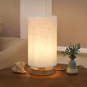Small Bedside Table Lamp with Round Linen Fabric Shade for Bedroom and Desk