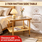 2-Tier Rolling Side Table with Tempered Glass Top, Rattan Shelf & Lockable Wheels for Living Room and Bedroom