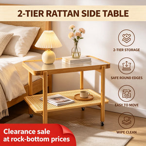 2-Tier Rolling Side Table with Tempered Glass Top, Rattan Shelf & Lockable Wheels for Living Room and Bedroom