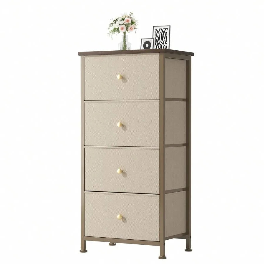 4-Drawer Fabric Nightstand with Removable Storage Bins, Steel Frame & Wood Top, Bedside Organizer for Bedroom & Living Room