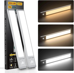 76 LED Rechargeable Under Cabinet Light, USB-C, Motion Sensor, 3 Color Temperatures, Dimmable, Magnetic Mount, 9.6 Inch