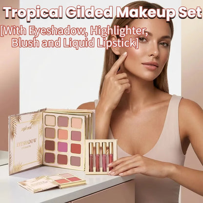 All-in-One Eye & Face Makeup Palette with Highlighter, Blush & 4 Matte Liquid Lipsticks, Sunkissed Bronze Makeup Set