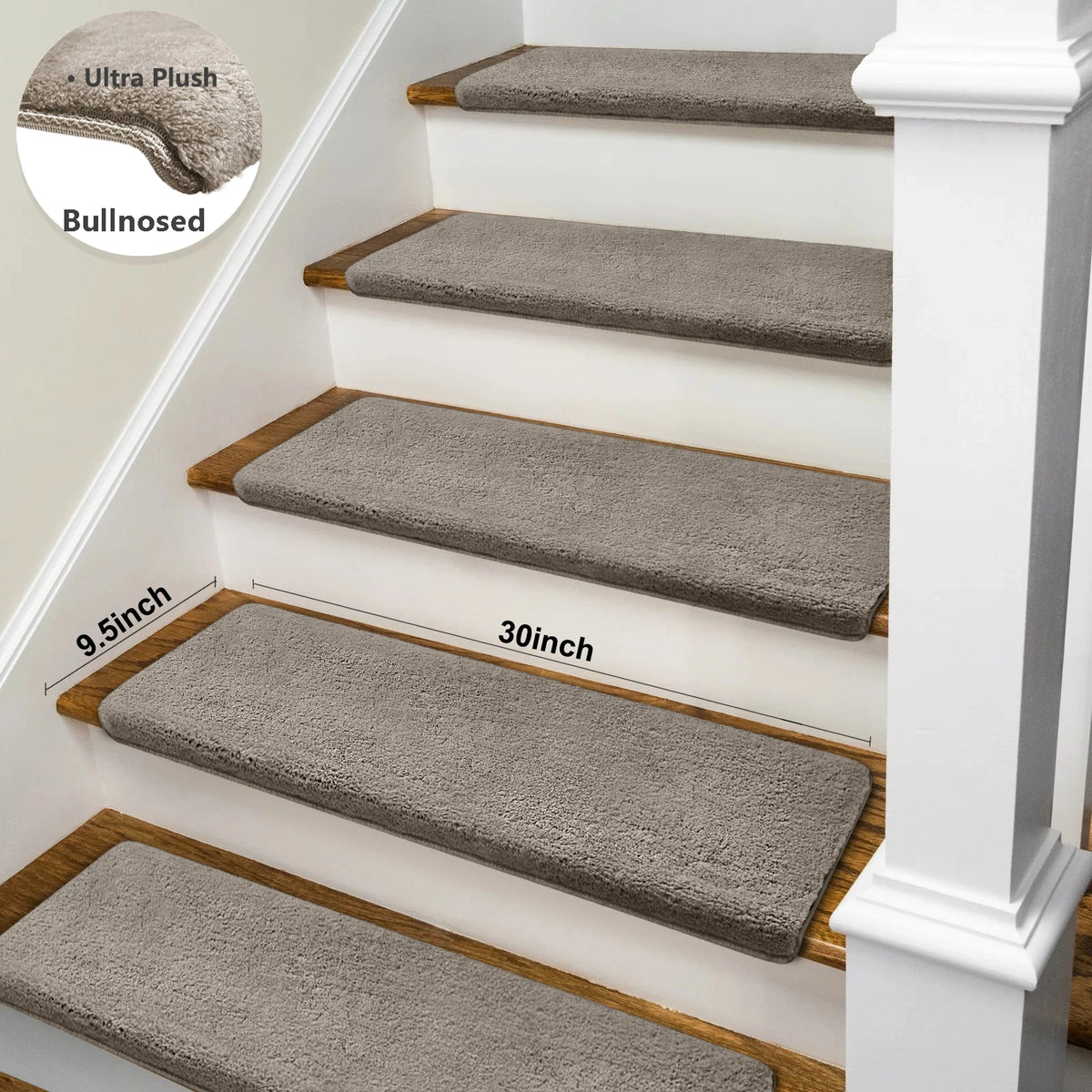 Non-Slip Bullnose Stair Treads, Ultra-Plush Washable Self-Adhesive Carpet Mats for Indoor Steps & Senior Home Safety