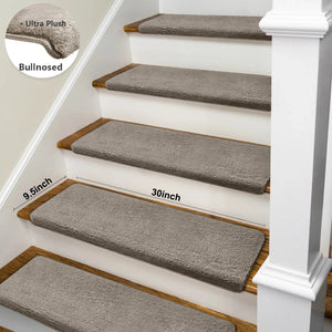 Non-Slip Bullnose Stair Treads, Ultra-Plush Washable Self-Adhesive Carpet Mats for Indoor Steps & Senior Home Safety