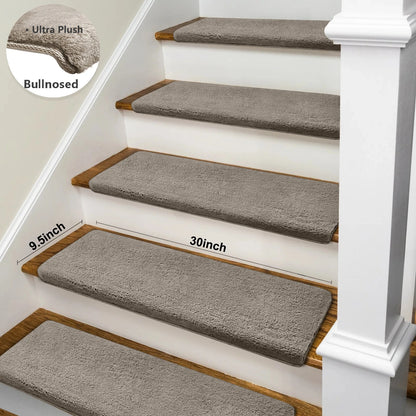 Non-Slip Bullnose Stair Treads, Ultra-Plush Washable Self-Adhesive Carpet Mats for Indoor Steps & Senior Home Safety